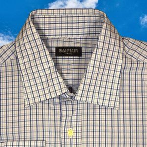 $1050 New Balmain Paris Pinstripe Mens Dress Shirt Blue Graph Check Size XL 17
